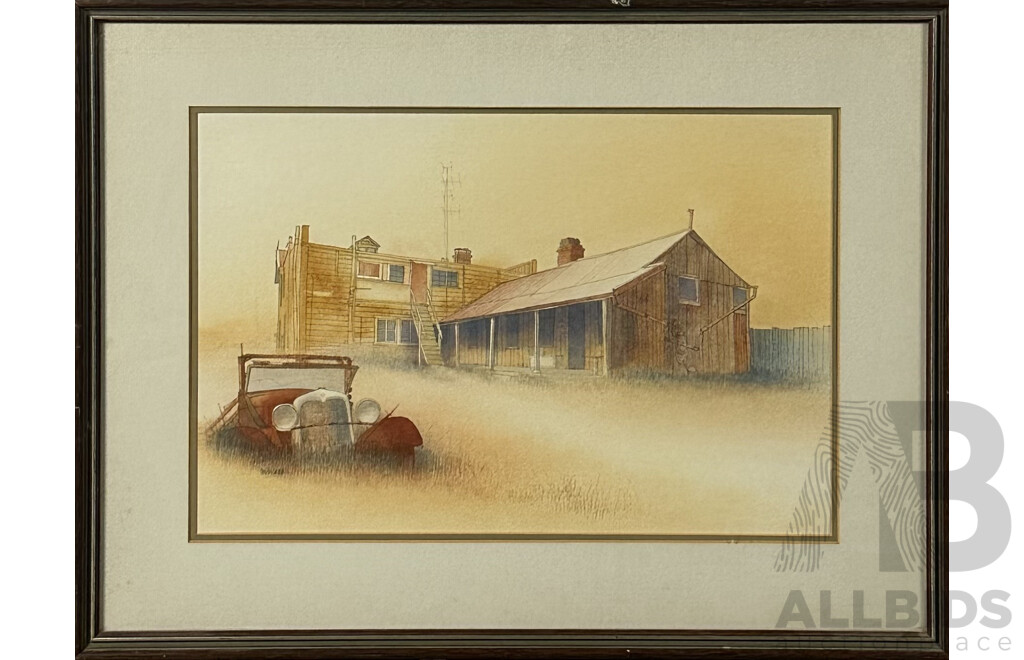 W. Webb, (Date Unknown), Old Car by the House, Pencil and Watercolour, 50 x 66 cm (frame)