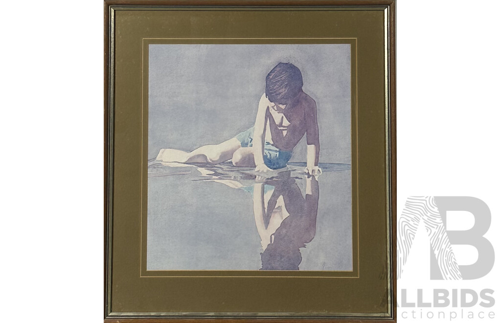 Artist Unknown, Boy Staring at Reflection, Vintage Reproduction Print of Original Watercolour, 66.5 x 61 cm (frame)