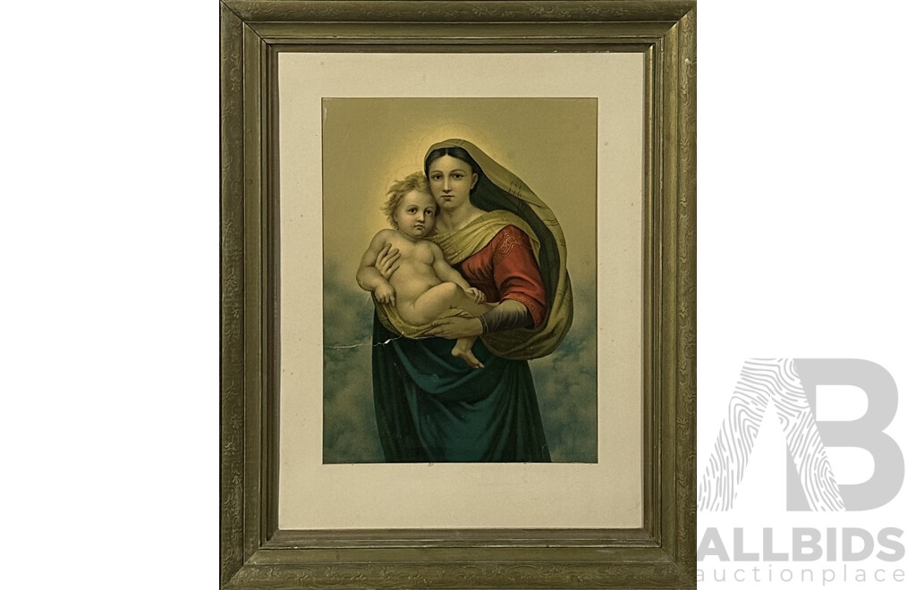 After Raffaello Sanzio Da Urbino, (Italian, 1483-1520), Sistine Madonna and Child, Vintage Reproduction Copy of Section of Original as Seen in the Sistine Chapel, 80 X 65 Cm (frame)