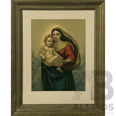 After Raffaello Sanzio Da Urbino, (Italian, 1483-1520), Sistine Madonna and Child, Vintage Reproduction Copy of Section of Original as Seen in the Sistine Chapel, 80 X 65 Cm (frame)