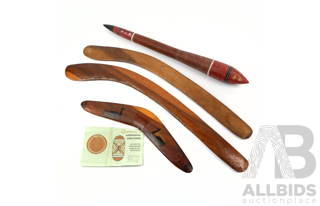 Three Hand Carved Hardwood Indigenous Australian Boomerangs Along with Wood Nulla Nula with Goanna Decoration by Queensland Aboriginal Creations