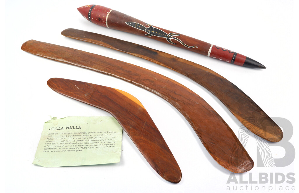 Three Hand Carved Hardwood Indigenous Australian Boomerangs Along with Wood Nulla Nula with Goanna Decoration by Queensland Aboriginal Creations