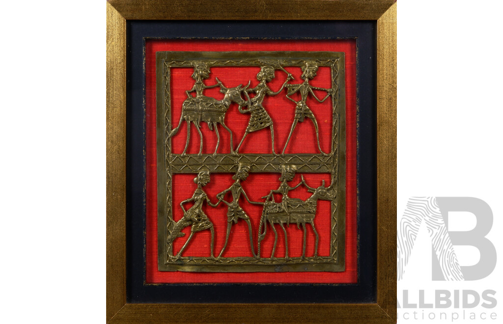 Artist Unknown, Scenes From Daily Indian Life, Vintage Dhokra Tribal Art, Brass on Silk, 32 x 29 cm (frame)