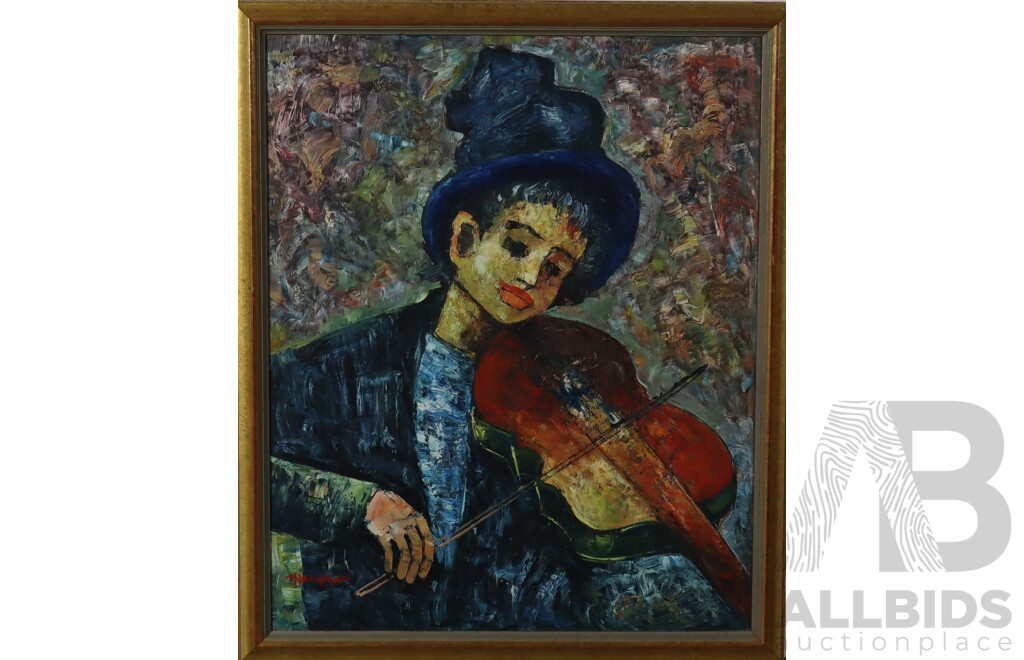 Thomson, (20th Century), Young Boy Playing Violin, Oil on Canvas, 66 x 55 cm (frame)