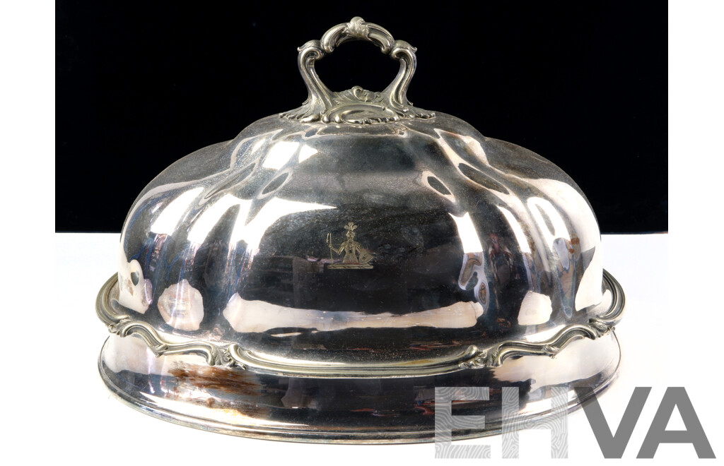 Very Large Antique Silver Plate Meat Dome with Ornate Handle