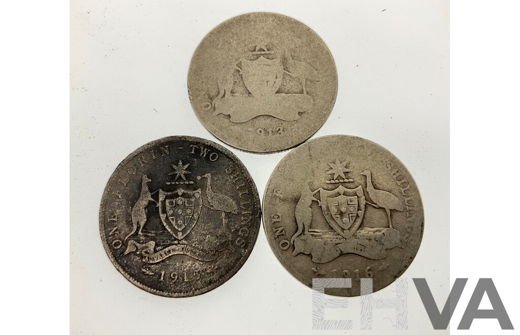 Three Australian KGV Silver Florins 1913, 1915, 1916 - .925