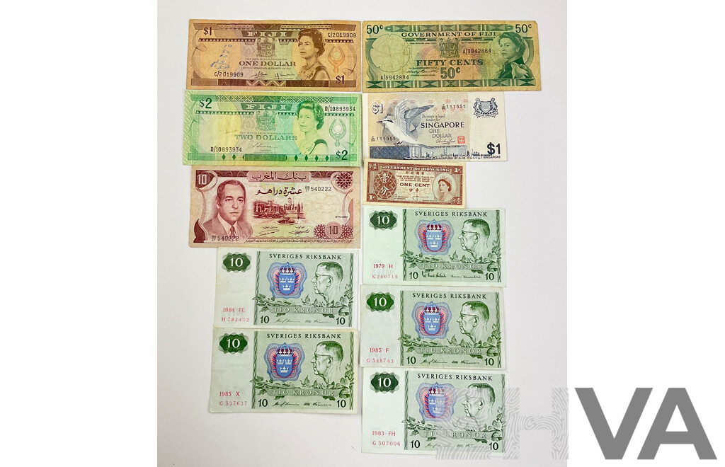 Collection of Vintage Paper Banknotes Including Hong Kong One Cent, Fiji Two, One Dollar and Fifty Cents, Singapore One Dollar, Sweden Ten Kroner(5)