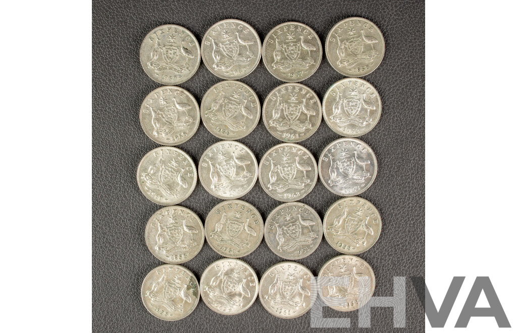 Twenty Australian KGVI/QE2 Silver Sixpence, Examples Spanning 1951 to 1963 .500