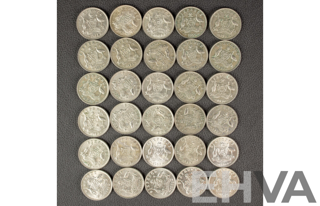 Thirty Australian KGVI/QE2 Silver Sixpence, Examples Spanning 1946 to 1963 .500