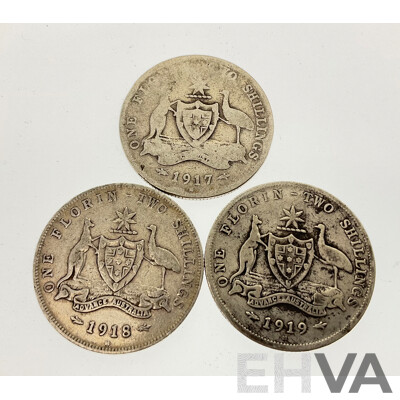 Three Australian KGV Silver Florins 1917, 1918, 1919 - All Melbourne Mint .925