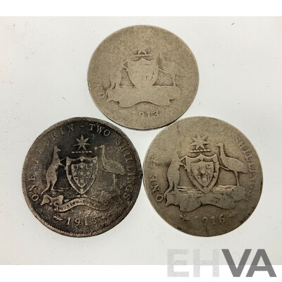 Three Australian KGV Silver Florins 1913, 1915, 1916 - .925