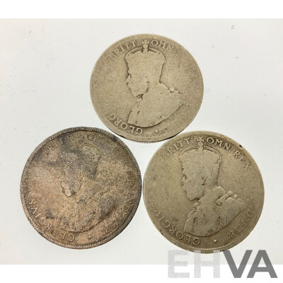 Three Australian KGV Silver Florins 1913, 1915, 1916 - .925