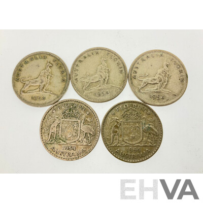 Five Australian 1954 QE2 Silver Florins, Standard(2) and Commemorative(3) .500