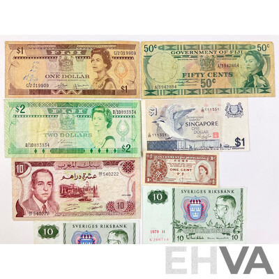 Collection of Vintage Paper Banknotes Including Hong Kong One Cent, Fiji Two, One Dollar and Fifty Cents, Singapore One Dollar, Sweden Ten Kroner(5)