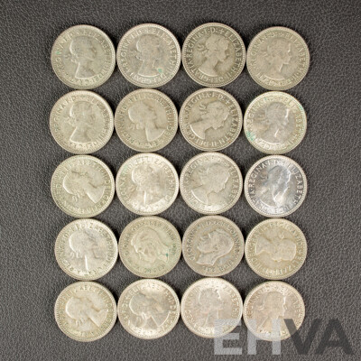 Twenty Australian KGVI/QE2 Silver Sixpence, Examples Spanning 1951 to 1963 .500