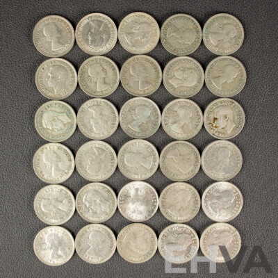 Thirty Australian KGVI/QE2 Silver Sixpence, Examples Spanning 1946 to 1963 .500