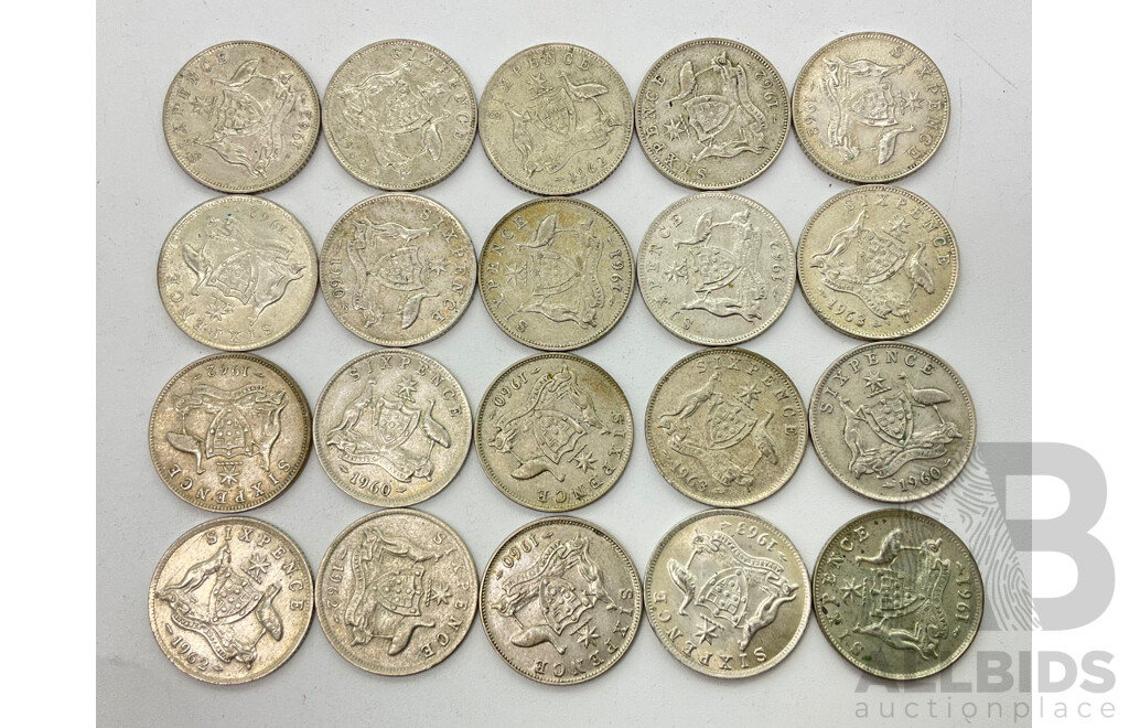 Twenty Australian QE2 Silver Sixpence Coins .500