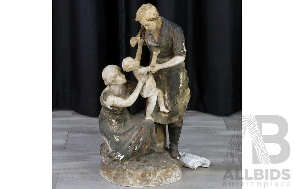 Vintage Plaster Blacksmith with Woman and Child Statue