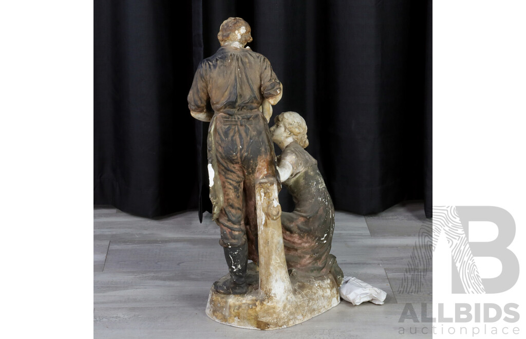 Vintage Plaster Blacksmith with Woman and Child Statue