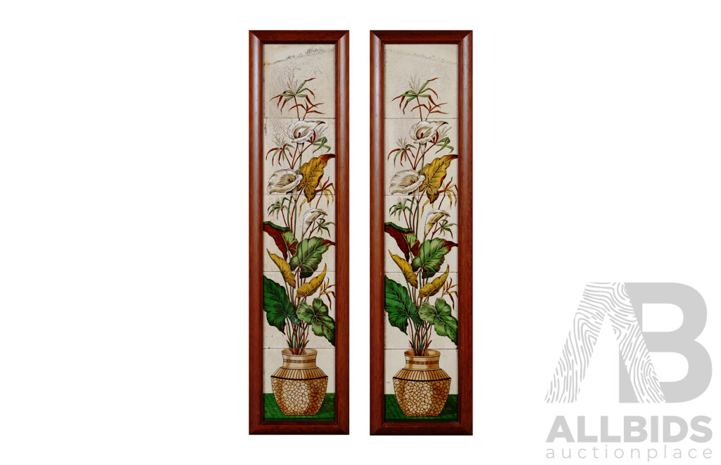 Beautiful Pair of Identical Framed Antique Late Victorian Hand Painted Fireplace Tiles, Cala Lilies and Grasses in Vase, 82 x 20 cm (frames)