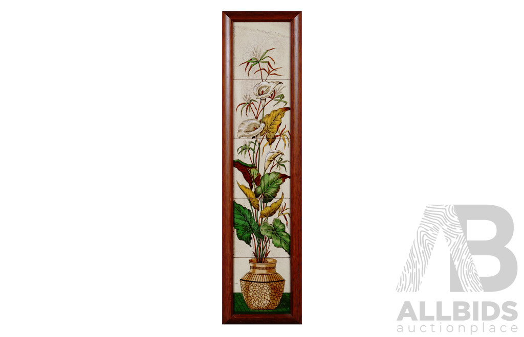 Beautiful Pair of Identical Framed Antique Late Victorian Hand Painted Fireplace Tiles, Cala Lilies and Grasses in Vase, 82 x 20 cm (frames)