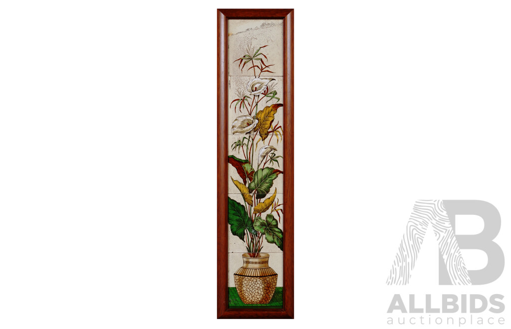 Beautiful Pair of Identical Framed Antique Late Victorian Hand Painted Fireplace Tiles, Cala Lilies and Grasses in Vase, 82 x 20 cm (frames)