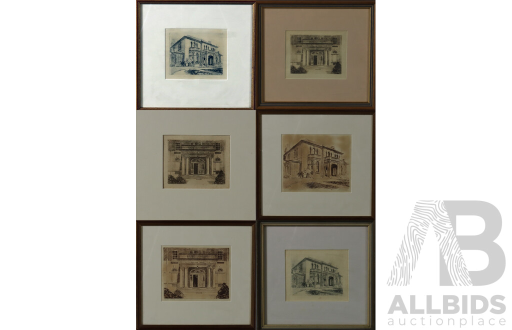 Signed Indistinctly, Scots College and Aspinall House, Collection of Six Vintage Etchings; Three of Each Subject Matter, 33 x 36 cm (larger frames), (6)