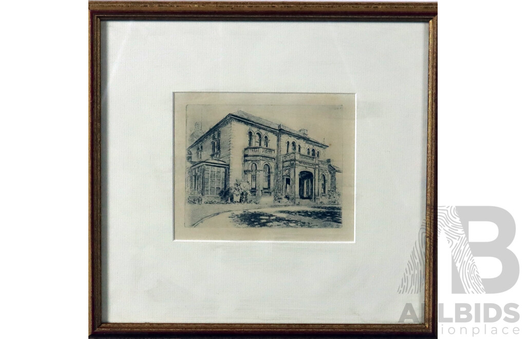 Signed Indistinctly, Scots College and Aspinall House, Collection of Six Vintage Etchings; Three of Each Subject Matter, 33 x 36 cm (larger frames), (6)