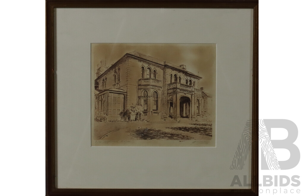 Signed Indistinctly, Scots College and Aspinall House, Collection of Six Vintage Etchings; Three of Each Subject Matter, 33 x 36 cm (larger frames), (6)