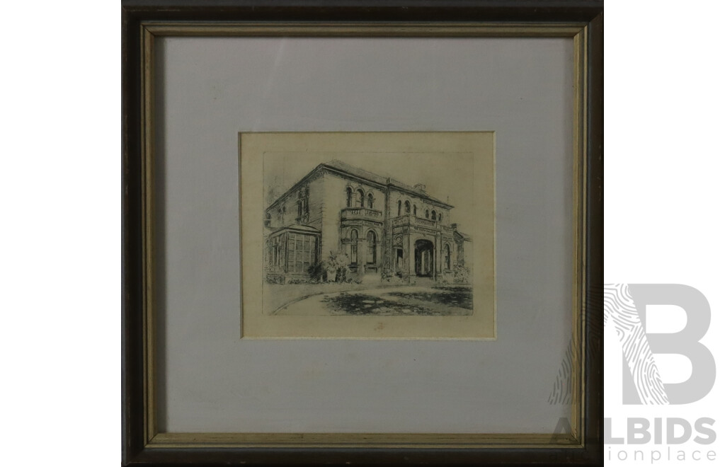 Signed Indistinctly, Scots College and Aspinall House, Collection of Six Vintage Etchings; Three of Each Subject Matter, 33 x 36 cm (larger frames), (6)