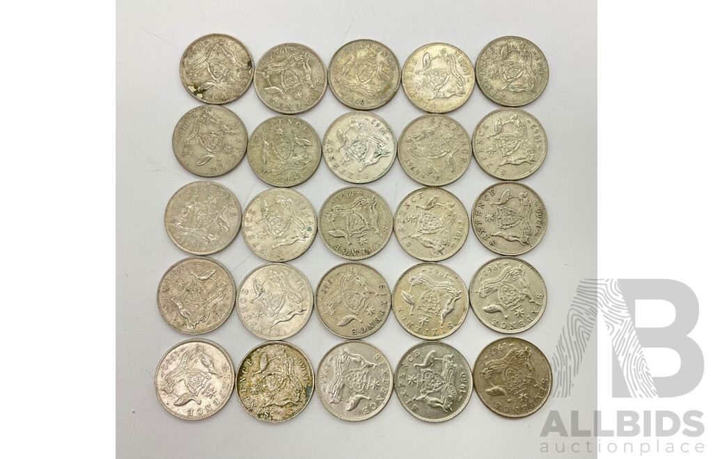 Twenty Five Australian QE2 Silver Sixpence Coins, Examples From 1960 - 1963 (.500)