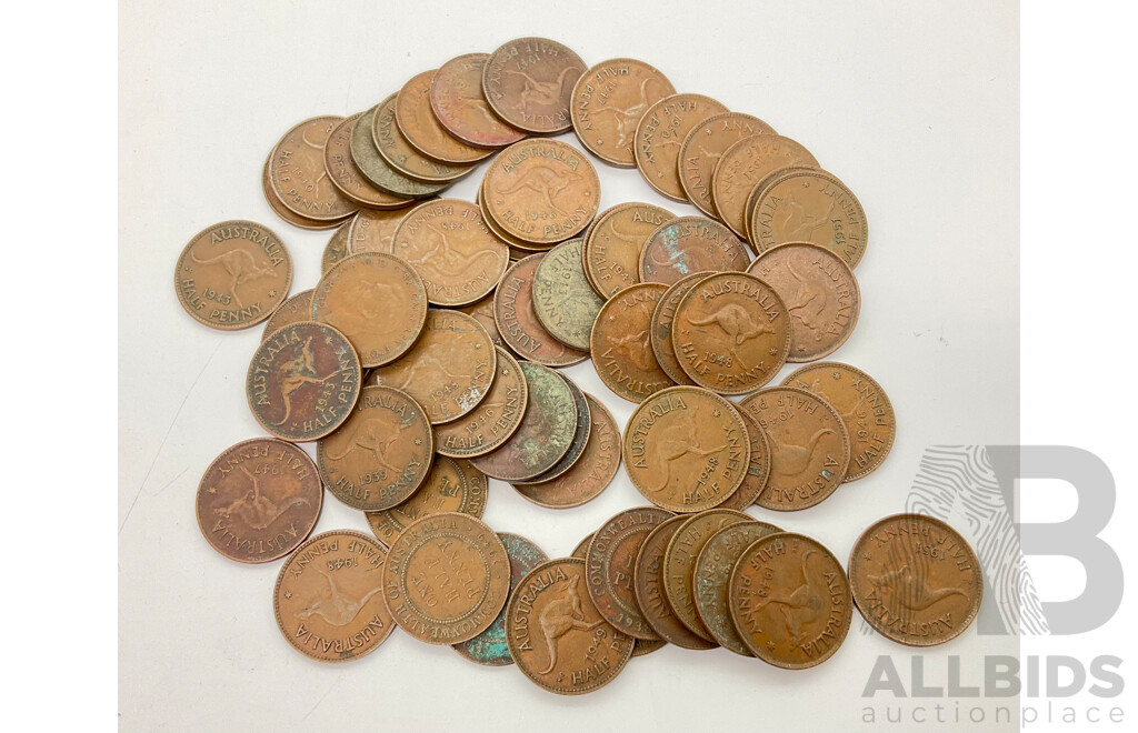 Australian KGVI Half Pennies 1939-1951, Approximately 55 Coins