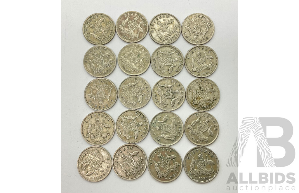 Twenty Australian KGVI 1951 Silver Sixpence Coins (.500)