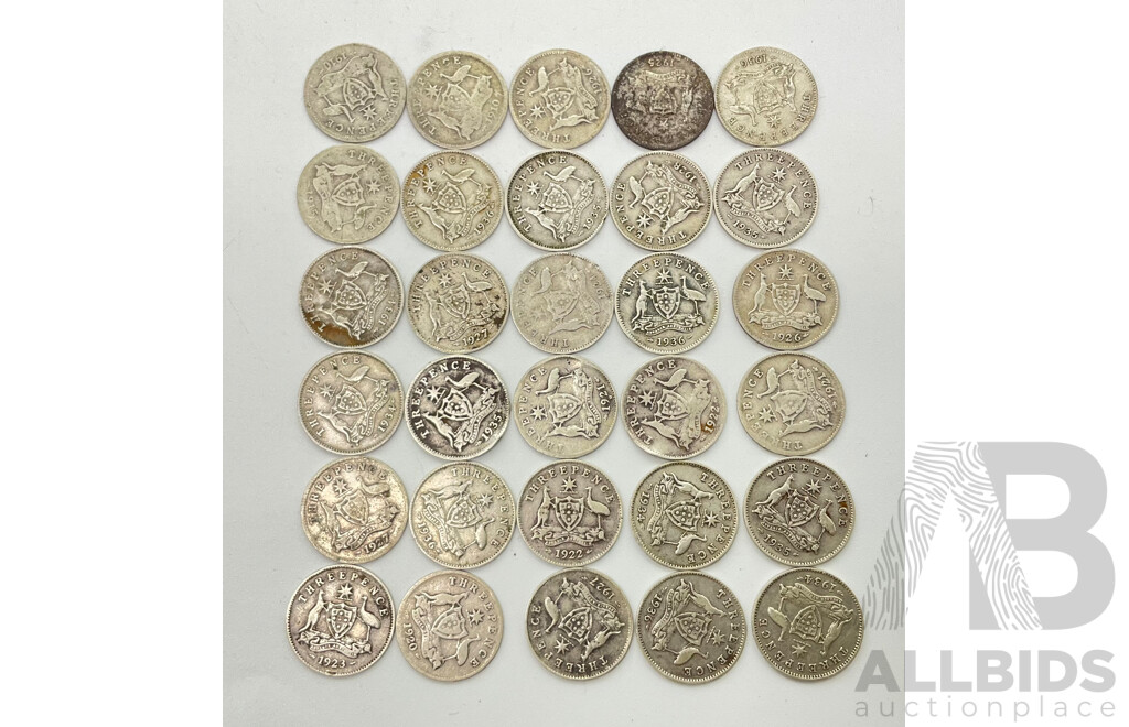 Thirty Australian KGV Silver Threepence Coins, Examples Spanning 1910-1936 (.925)