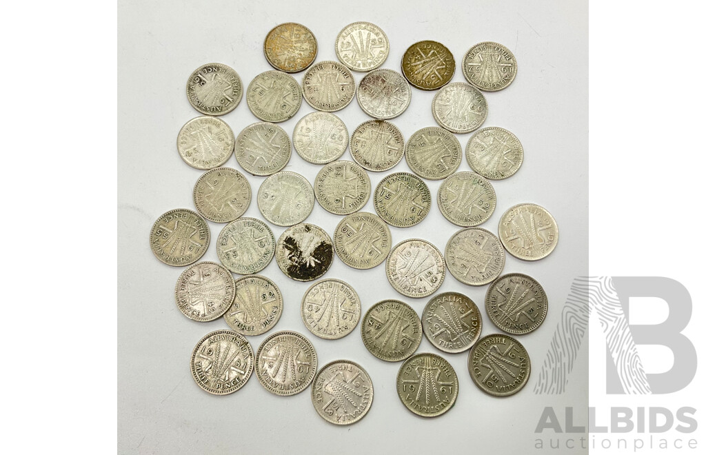 Thirty Eight Australian Post 1945 Silver Threepence Coins (.500)