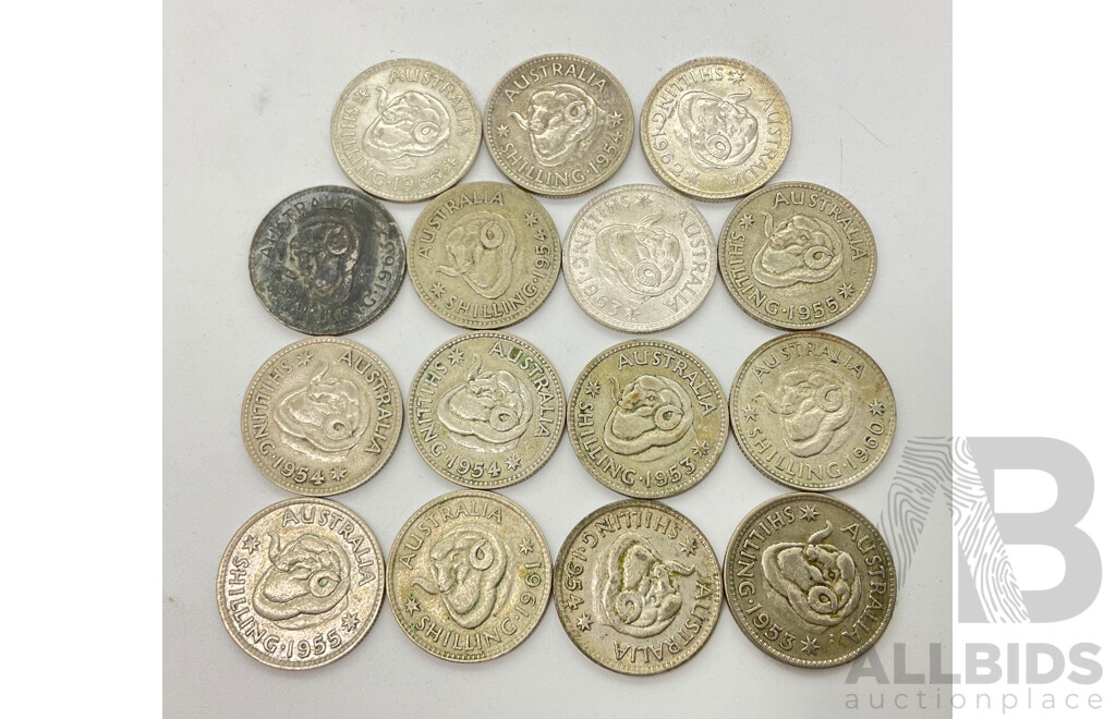 Fifteen Australian QE2 Silver Shilling Coins, Examples Spanning 1953-1963 (.500)