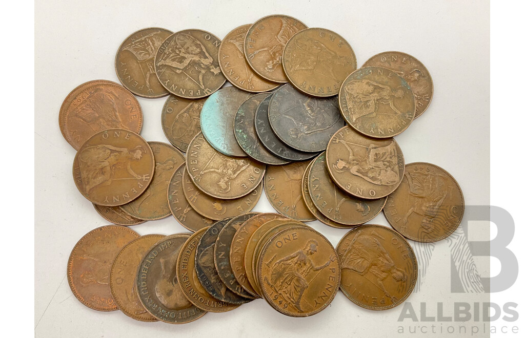 Collection of United Kingdom Pennies KGV, KGVI and QE2, Examples Spanning 1908-1963