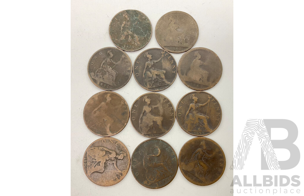 Collection of United Kingdom QV Pennies Examples Spanning 1862-1901