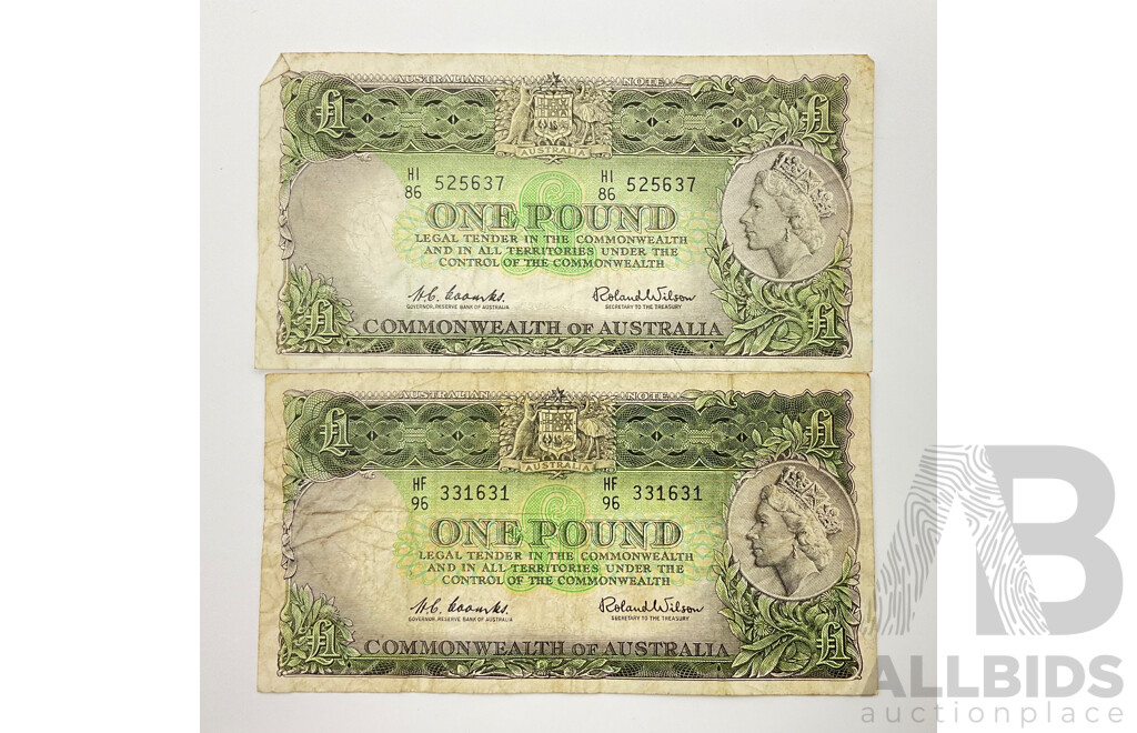 Two Australian One Pound Notes Coombs/Wilson, HI 86 52537 and HF 331631