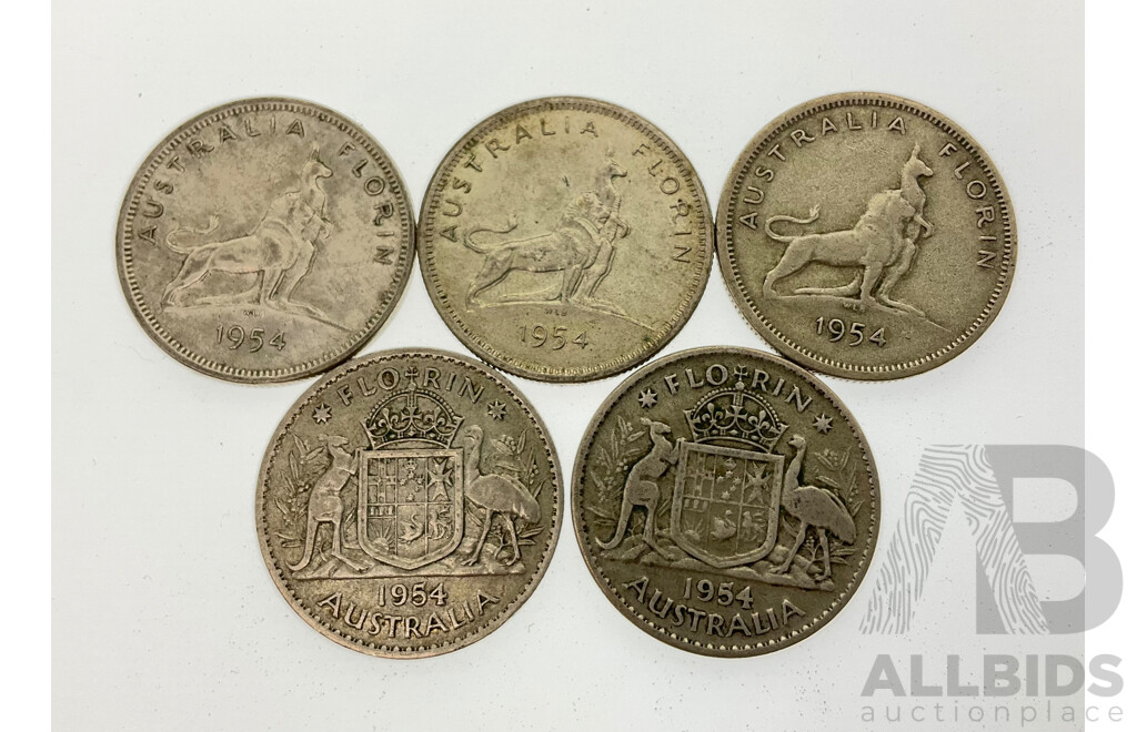 Five Australian 1954 Silver Florins Including Three Commemorative, Two Common .500