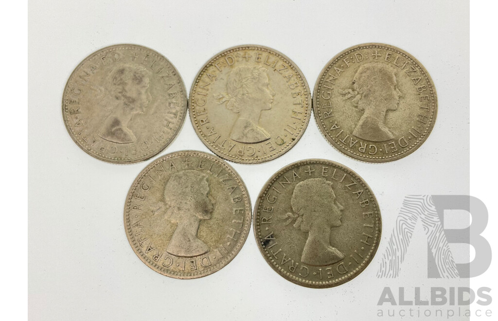 Five Australian 1954 Silver Florins Including Three Commemorative, Two Common .500