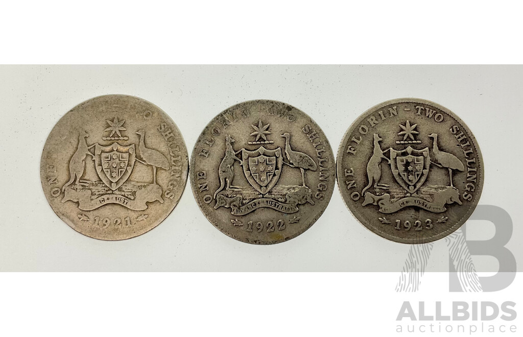 Three Australian KGV Silver Florins, 1921, 1922, 1923 .925