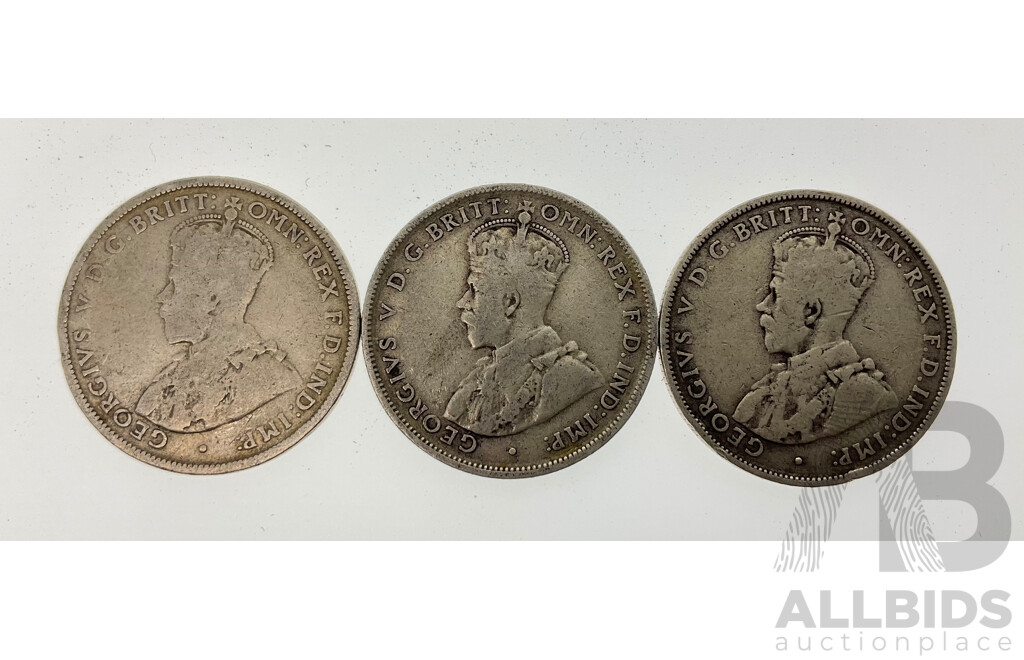 Three Australian KGV Silver Florins, 1921, 1922, 1923 .925