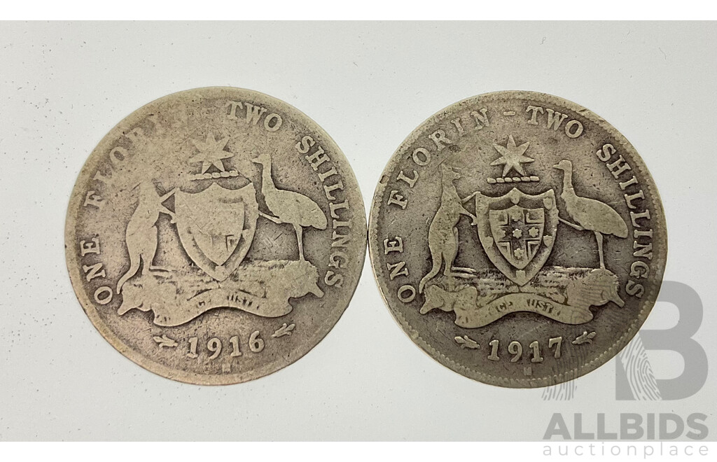 Australian KGV Silver Florins 1916 and 1917, Both Melbourne Mint .925