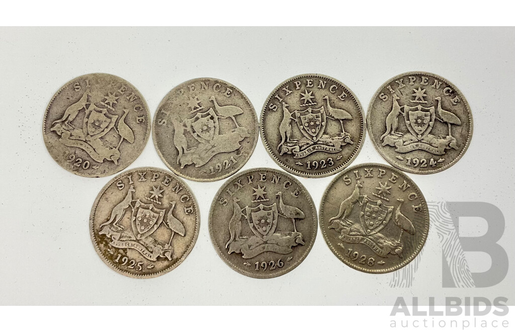 Australian KGV Silver Sixpence Including 1920 Melbourne Mint, 1921, 1923, 1924, 1925, 1926, 1928 .925