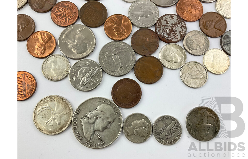 Collection of USA and Canadian Coins Including USA 1954 Silver Half Dollar, 1941, 1944 Dimes, Canadian 1962 Silver 25 Cents and More