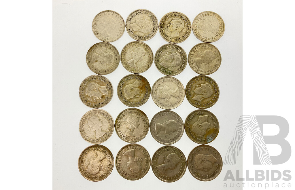 Twenty Australian 1950's KGVI, QE2 Silver Sixpence Coins .500