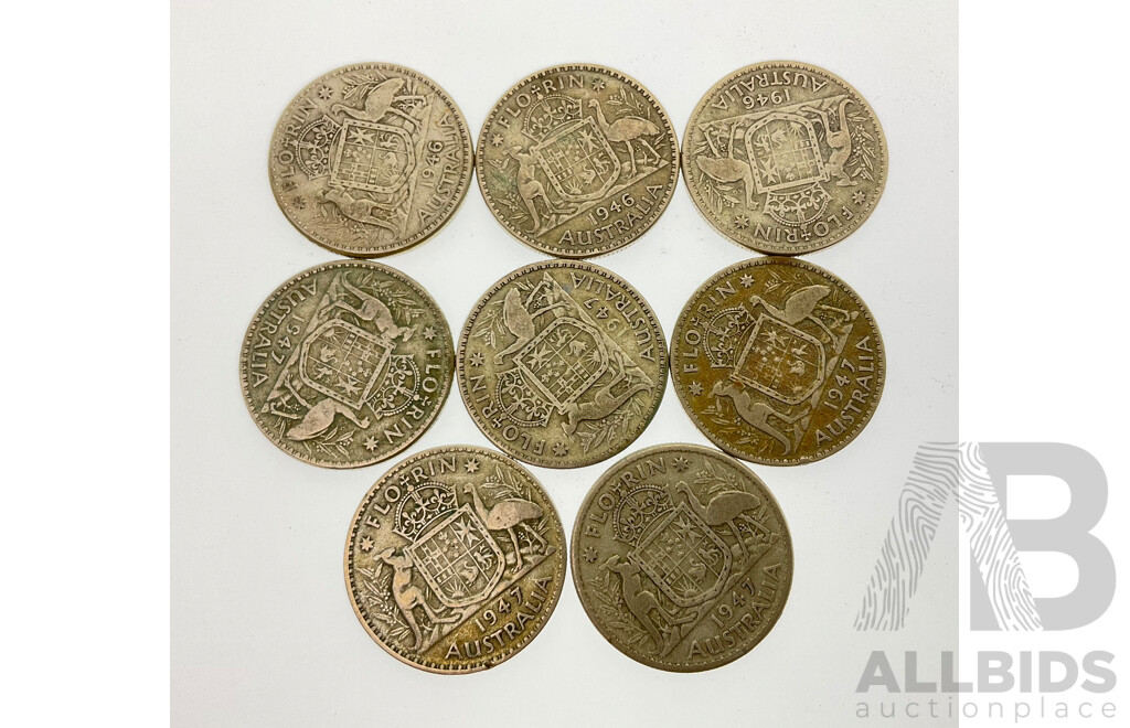 Eight Australian KGVI Silver Florin Coins, 1946(3) 1947(5) .500