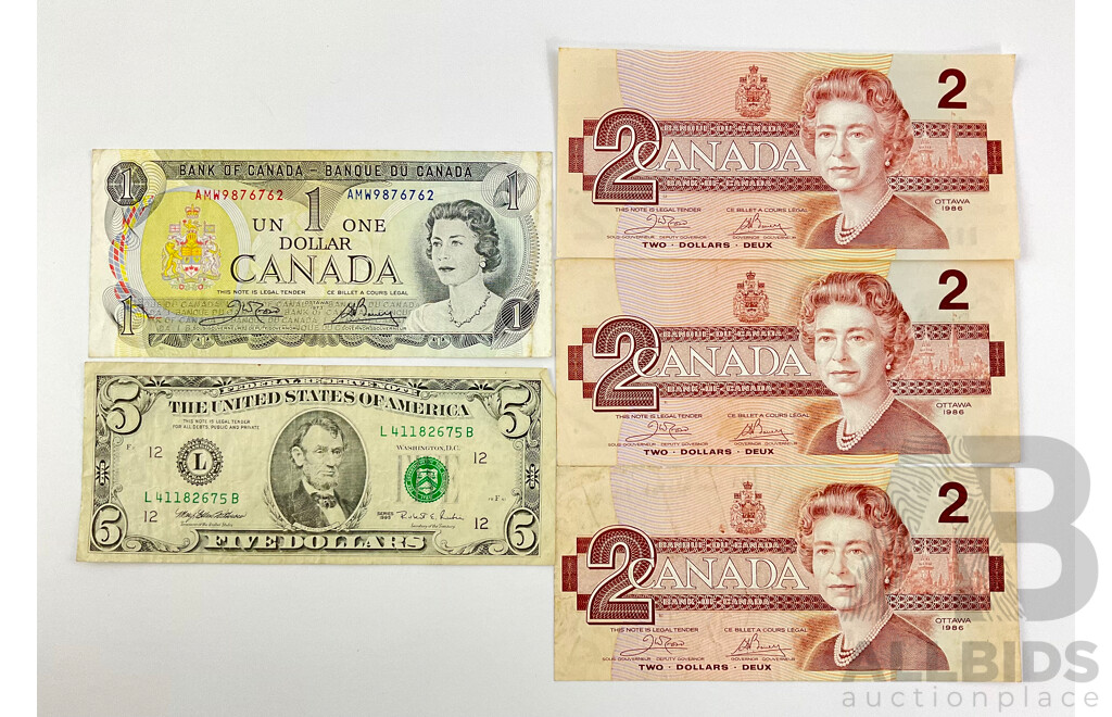 Vintage North American Currency Including USA 1995 Five Dollar, Canada 1973 One Dollar, 1986 Two Dollar(3)