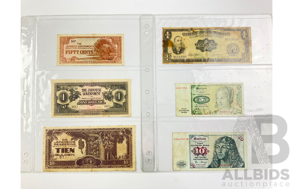 Collection Vintage Banknotes Including WW2 Japanese Occupation Notes, Philippines 1940 One Peso, Germany 1980 Ten and Five Deutschmark Mark